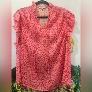 Zele Pink Leopard-Print Ruffle Sleeve V-Neck Blouse